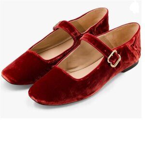 XYD Red Velvet Square Toe Mary Jane Flats Single Strap Buckled Outdoor Shoes